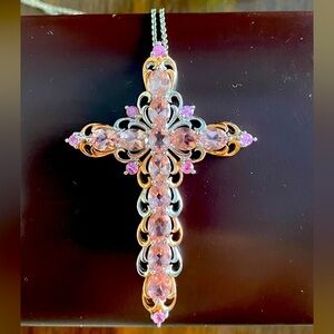 Blush tourmaline & pink sapphire cross necklace. Platinum over sterling silver